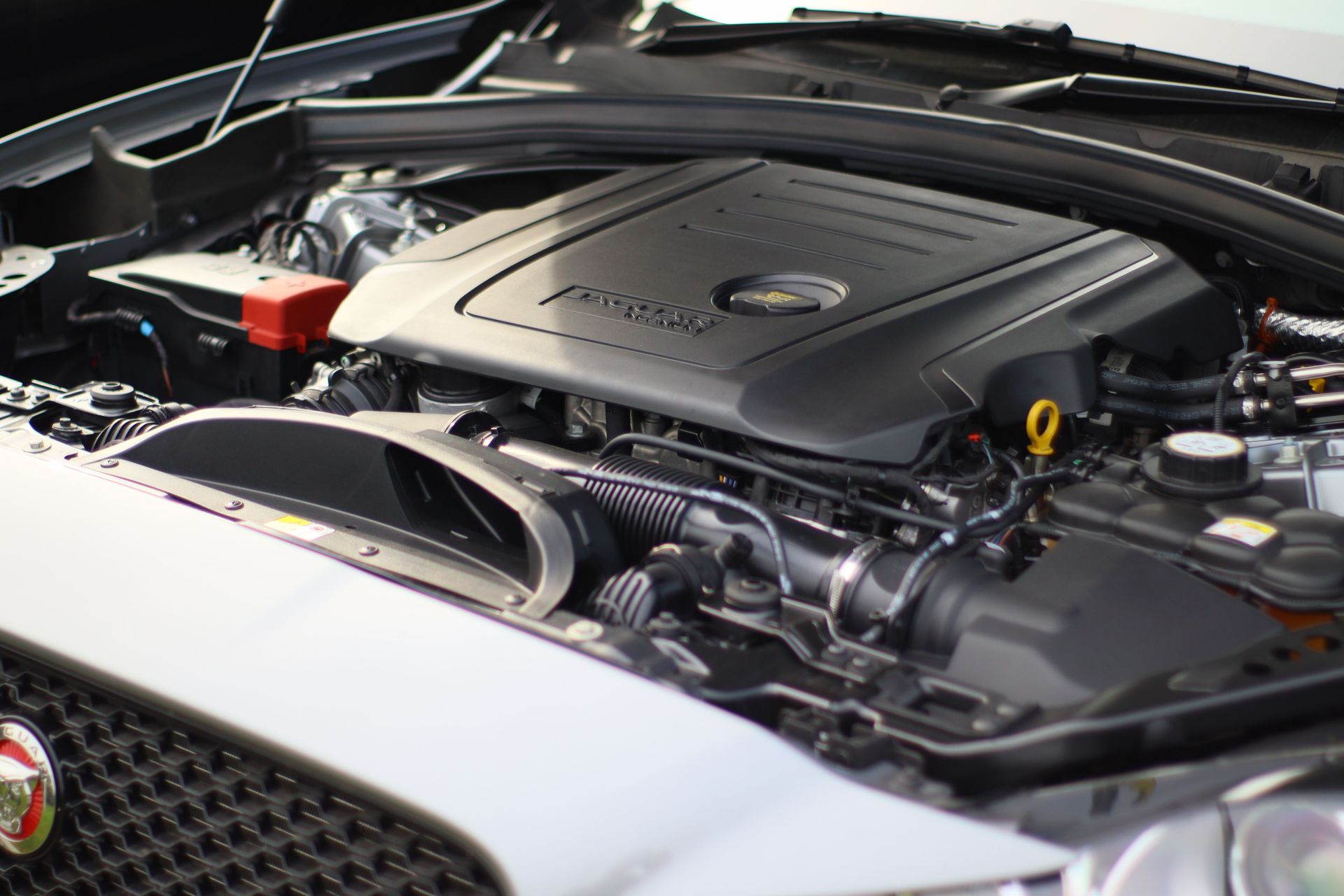 Detailed view of a car engine showing mechanics and components.